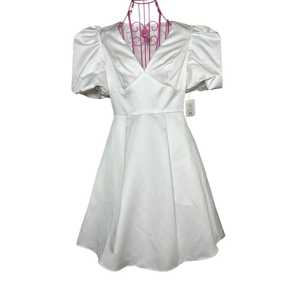 David's Bridal Studio Satin Puff Sleeve Mini Dress Bridal Rehearsal White Size 2